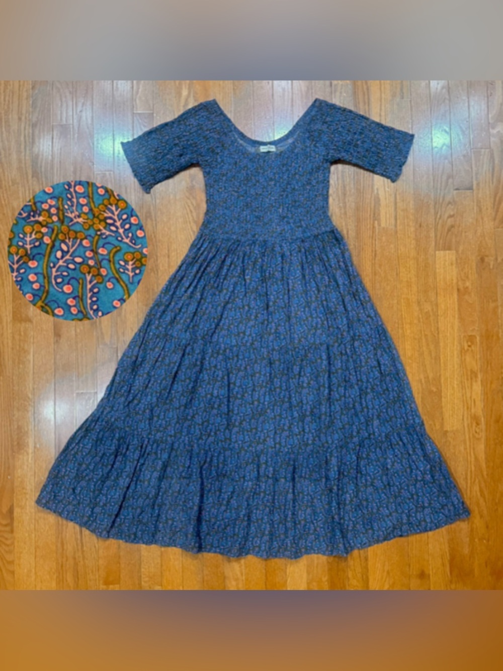Natural Life Size L/XL “Daisy” Blue Multi Floral Smocked Tiered Boho Maxi Dress